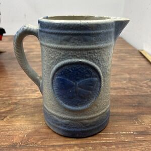 Antique‎ Blue White Stoneware Pitcher BUTTERFLY Pottery Salt Glaze Collectible